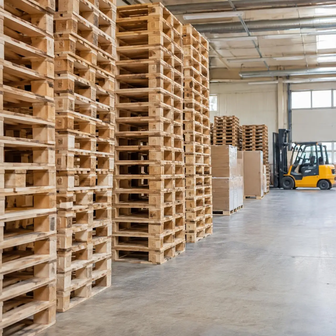 Depoda istiflenmiş ahşap paletler ve forklift